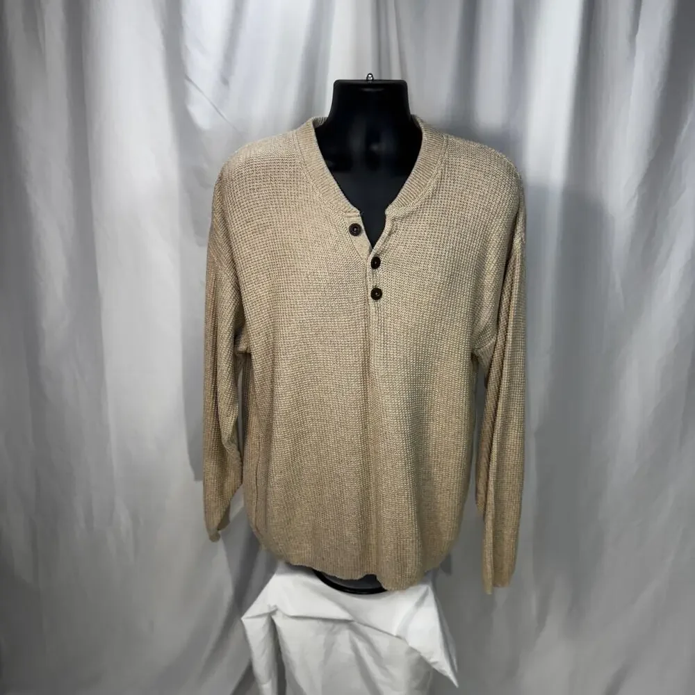 Woolrich Henley Sweater Men's L Oatmeal Beige Waffle Knit Thermal Cotton Cozy